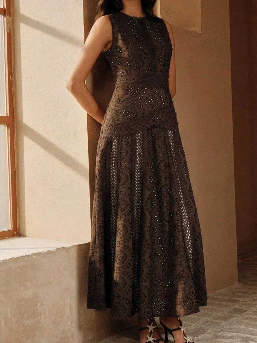 Coffee Brown Party Women's Sleeveless Hollow-Out Elegant Slim Fit Dress